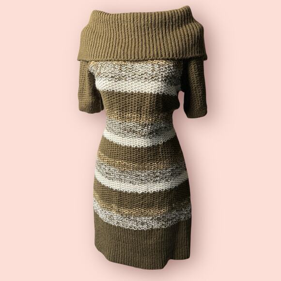 Vtg Y2k Stripe Turtleneck Sweater Dress Large Chunky Knit Mini Fairy Whimsygoth - Picture 1 of 5